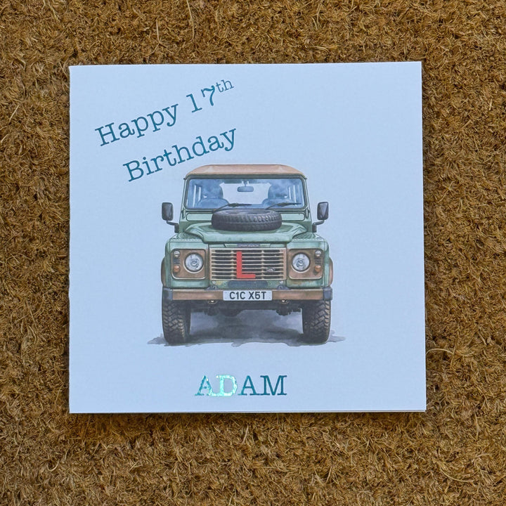 17th Birthday Card, Personalised Land Rover Defender, Watercolour Style, L Plates
