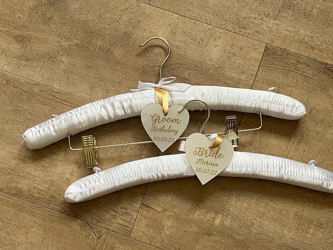 Satin Bride and Groom Padded Hangers - Personalised hearts - Choice of Colours