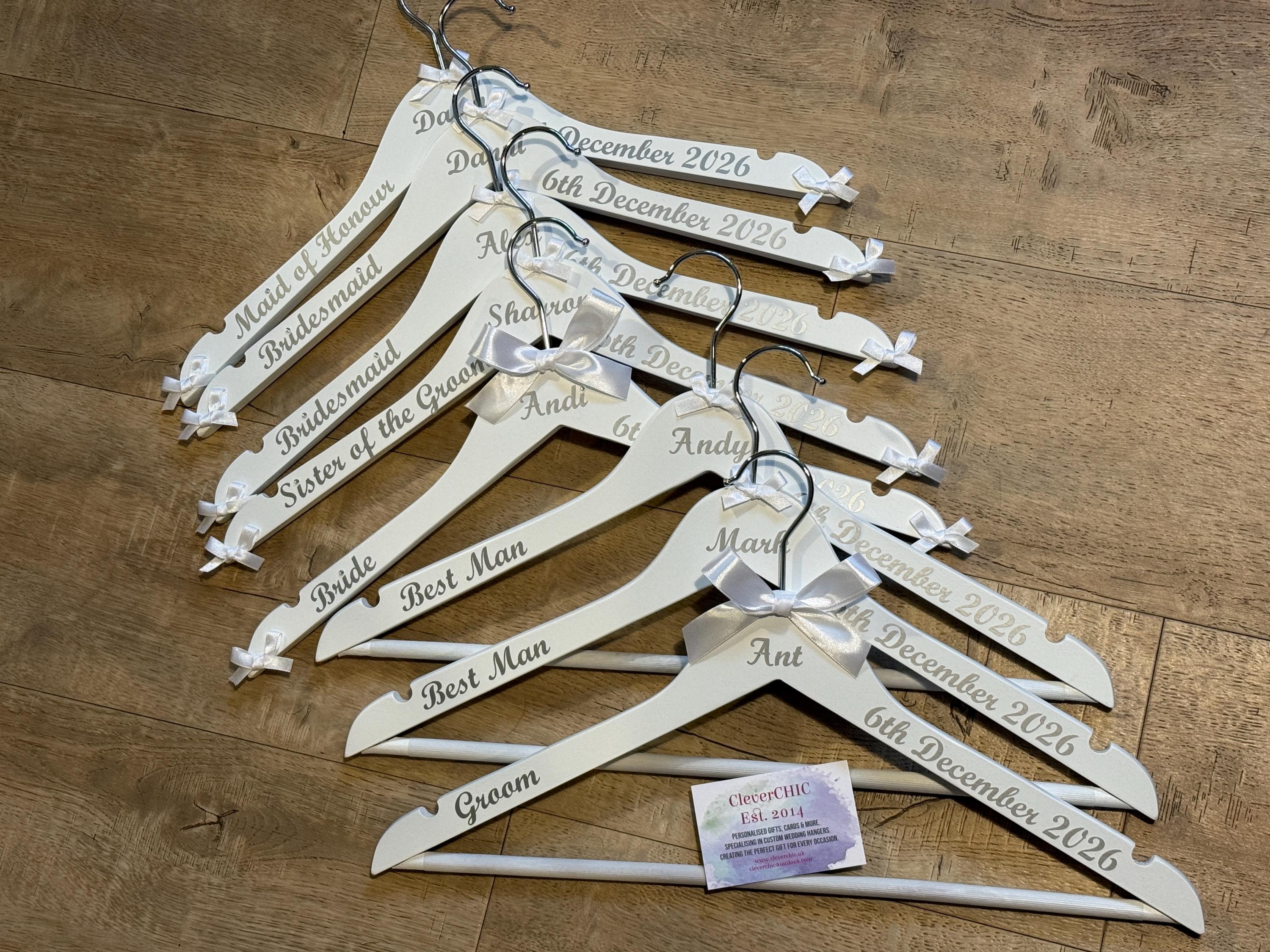 Personalised Wedding Hangers - Set of 8 - Customised with name, date and role - Bows and Writing to match your colours