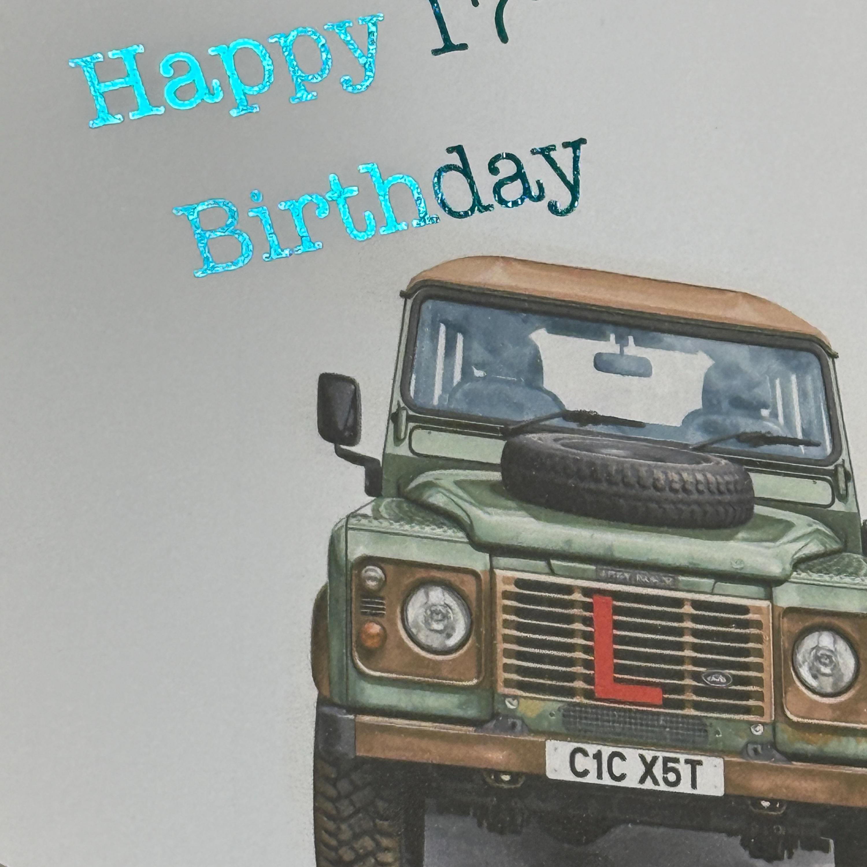 17th Birthday Card, Personalised Land Rover Defender, Watercolour Style, L Plates