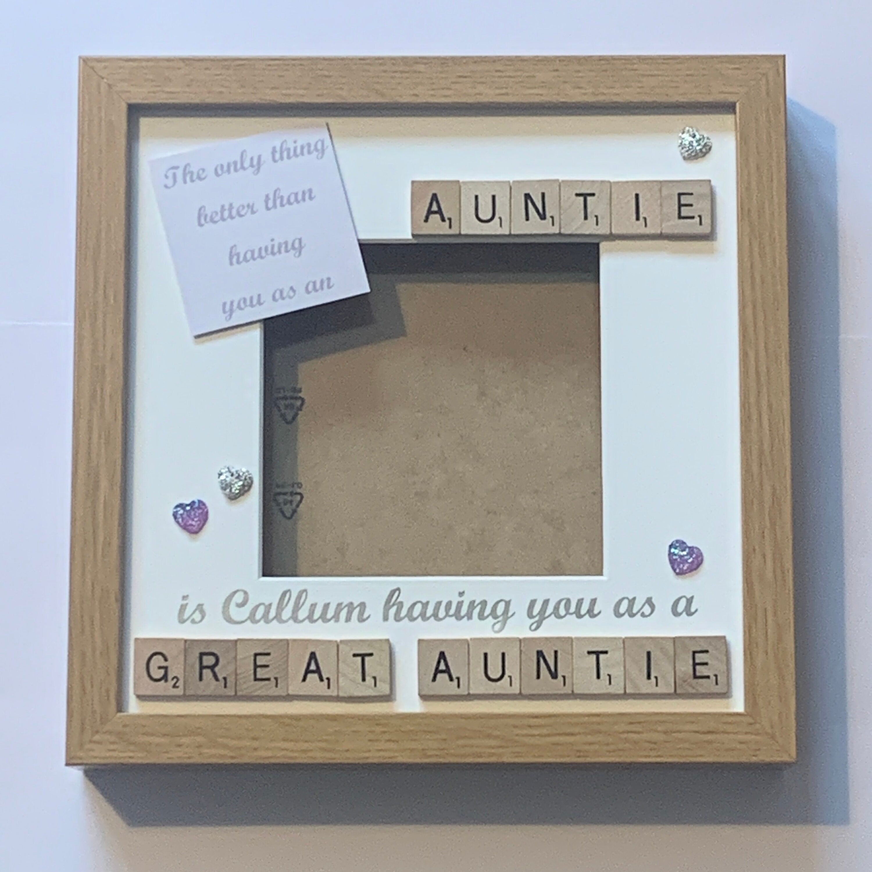 Auntie to Great Auntie Letter Tile Photo Frame - Personalised with name - Choice of colours