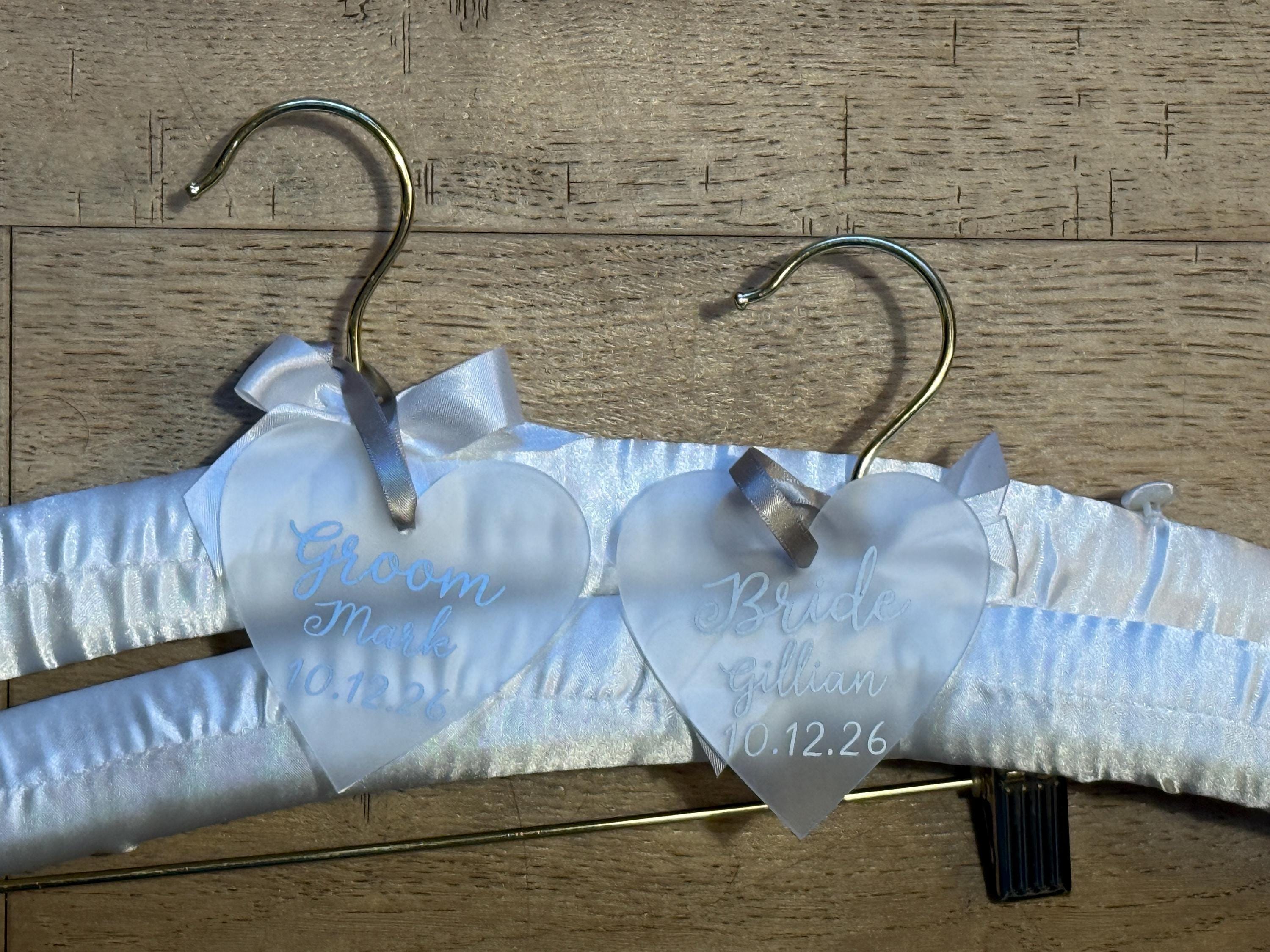 Satin Bride and Groom Padded Hangers - Personalised hearts - Choice of Colours