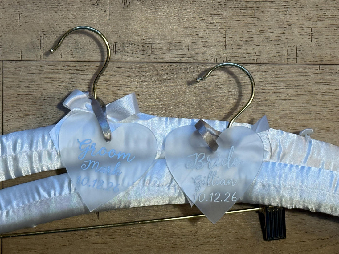 Satin Bride and Groom Padded Hangers - Personalised hearts - Choice of Colours