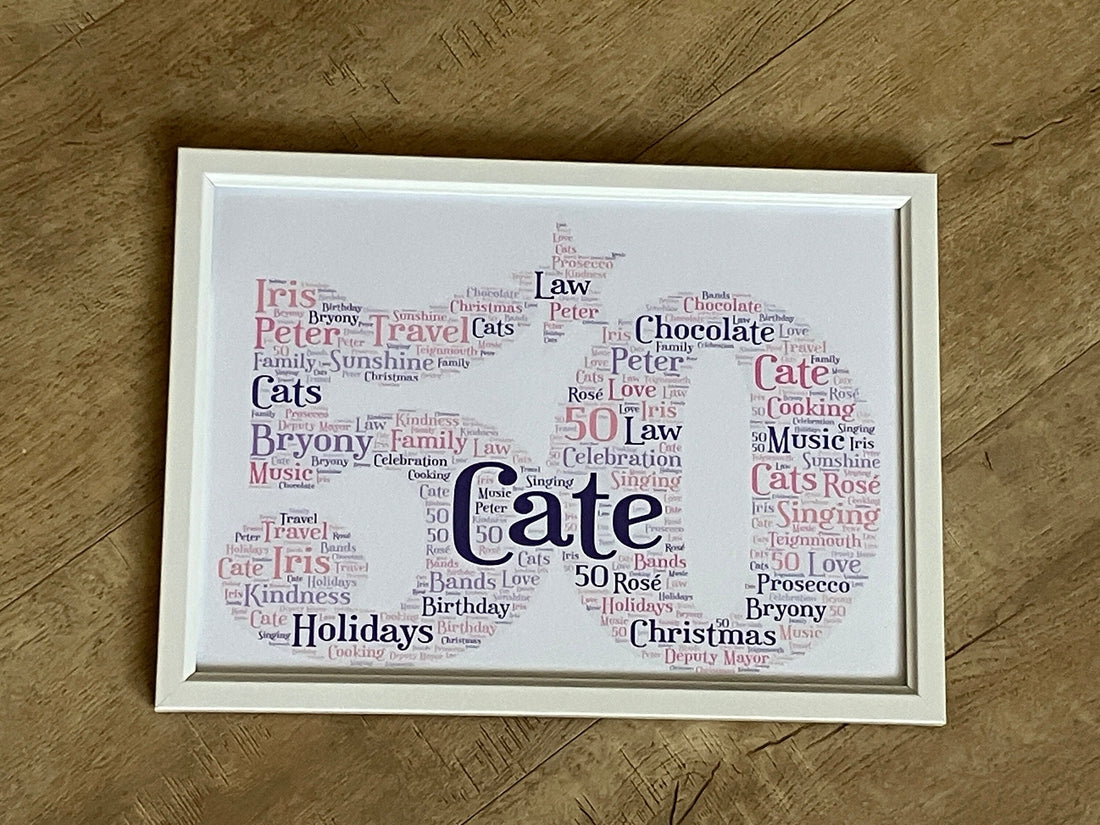 Birthday Age Number Word Art Print | Framed A4 | Personalised with your words.