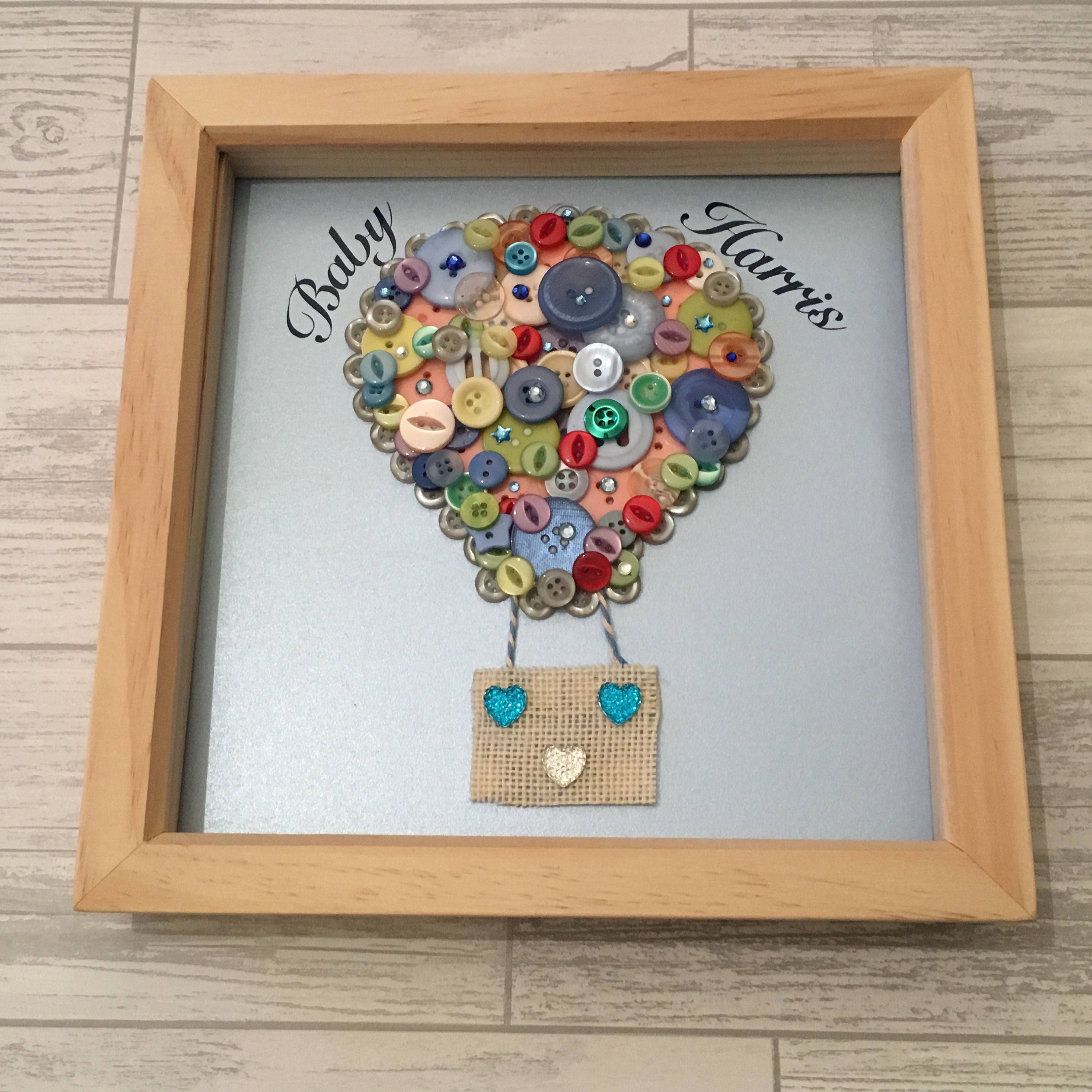 Hot Air Balloon Button Art in White Wood Frame, Nursery Decor