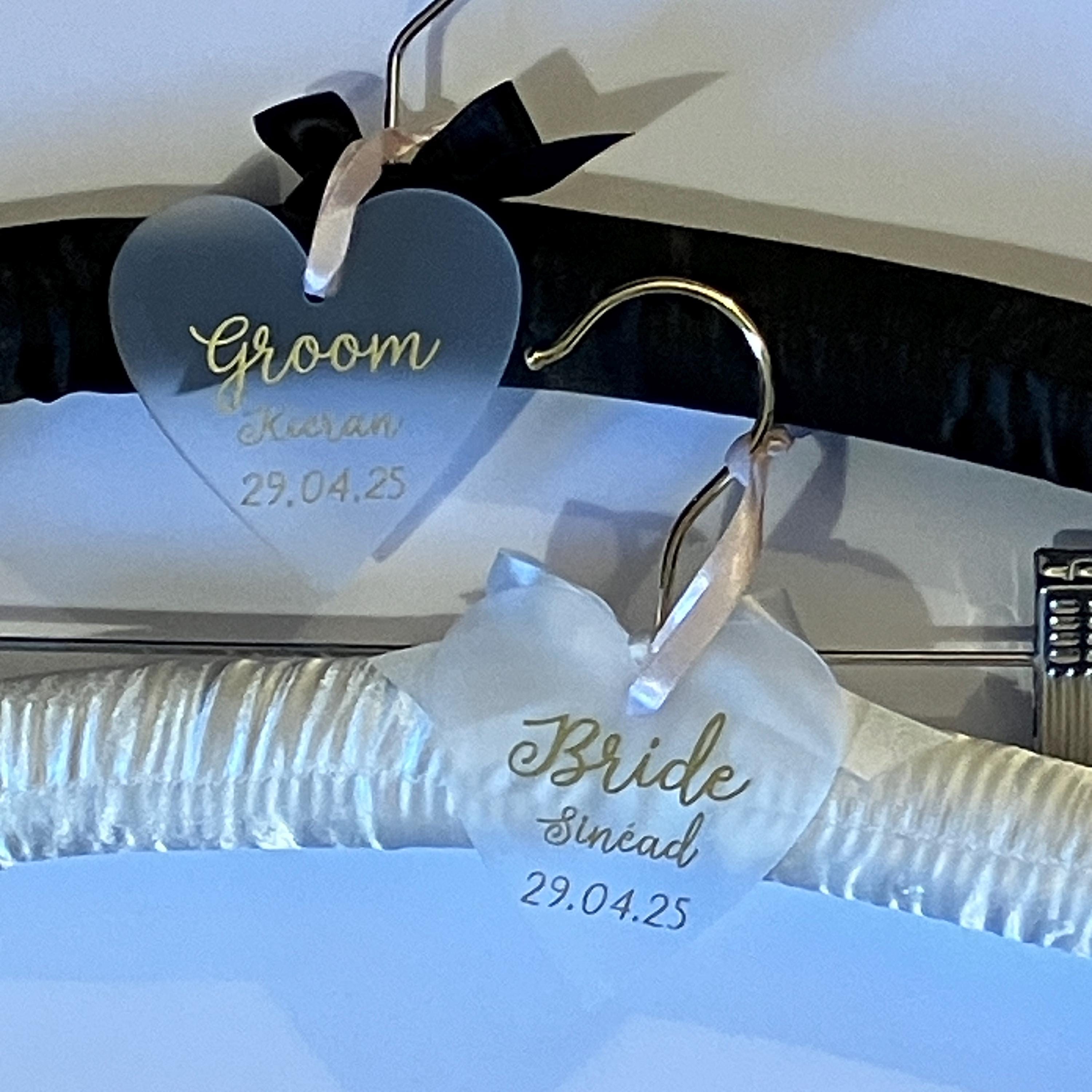 Satin Bride and Groom Padded Hangers - Personalised hearts - Choice of Colours