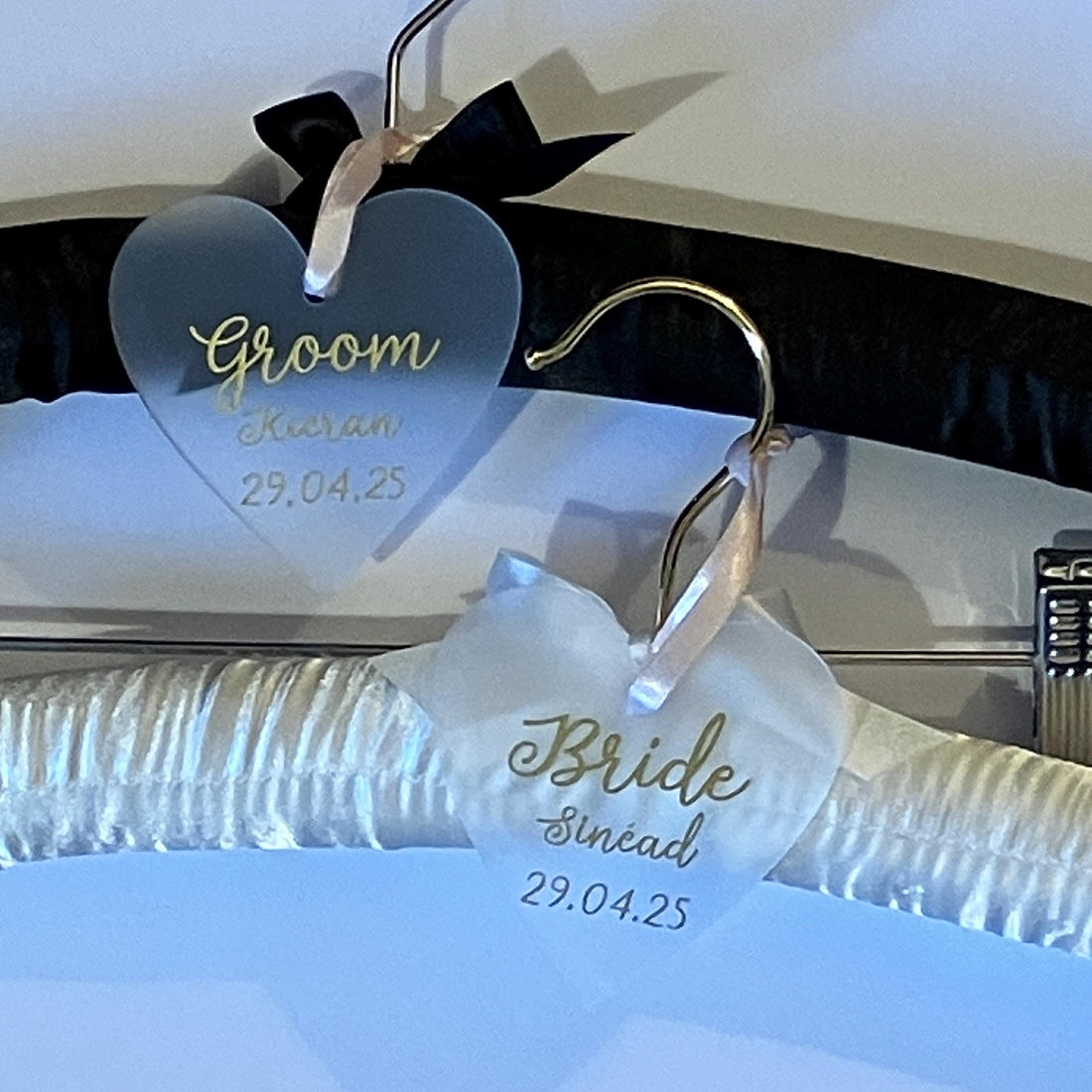 Satin Bride and Groom Padded Hangers - Personalised hearts - Choice of Colours