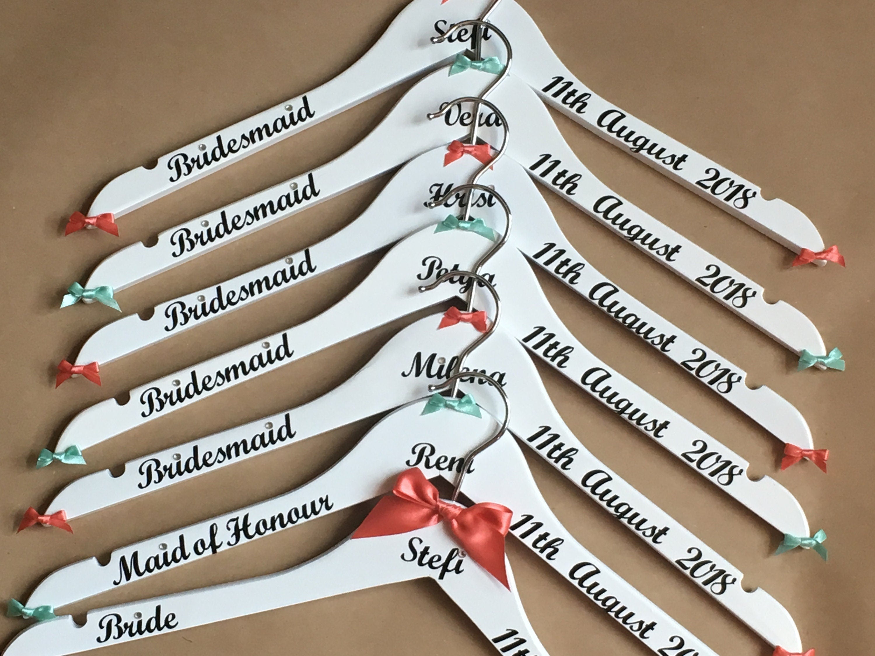 Personalised Wedding Hangers - Set of 8 - Customised with name, date and role - Bows and Writing to match your colours