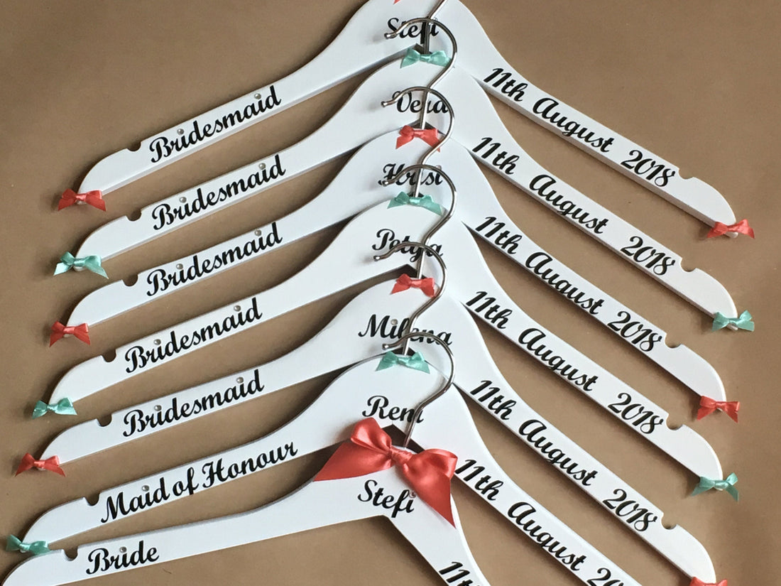 Personalised Wedding Hangers - Set of 8 - Customised with name, date and role - Bows and Writing to match your colours